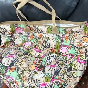 3piece Lesportsac Pink and Tan Tropical Tote Bag small purse and reversible hat.